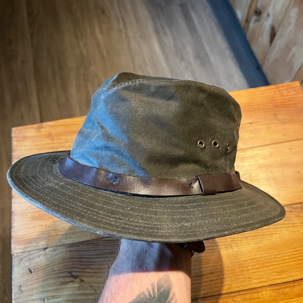 Made in Seattle Filson Packer waxed tin cloth hat.